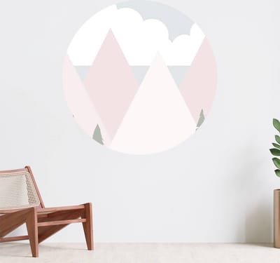 Muurcirkel zelfklevend behang - Roze bergen met dennenbomen - Wanddecoratie - 080cm behangcirkel - Ronde sticker voor aan de muur - Behangsticker verkrijgbaar in verschillende formaten