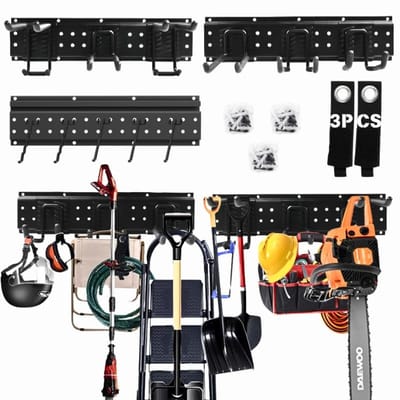Dailygoods- Tuingereedschapshouder 122 cm - Metalen Houder - Draagkracht 200 kg - 3 Zijplaten - 10 Haken - Antislip en Corrosiebestendig - Gereedschapshouder