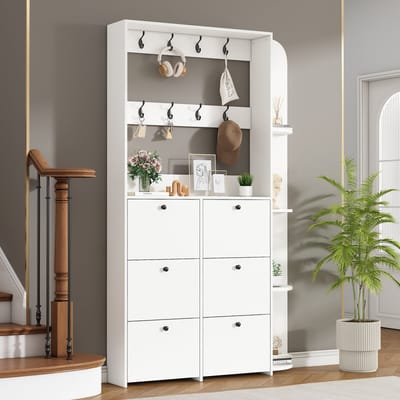 MODENUIT Garderobekast - Met 8 Schoenkleppen En 8 Haken - Voor Entree En Gang - Spaanplaat Wit - 120x24x200 Cm