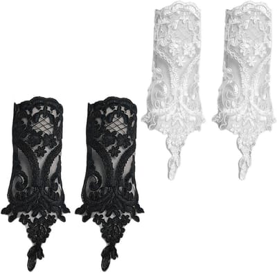 Elegante Vingerloze Kanten Handschoenen voor Dames, Geborduurde Kanten Mouwen voor Bruiloft en Feest, Zwart, M