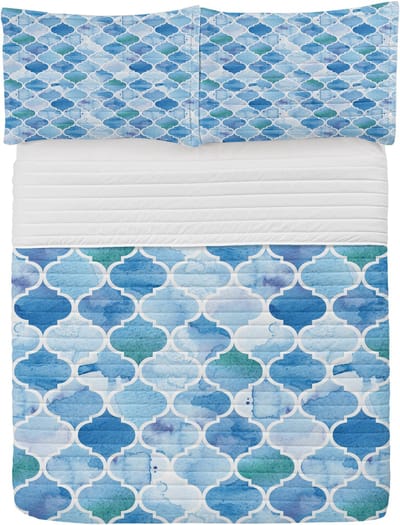 ABAKUHAUS Marokkaanse Microvezel Dekspreiden, Mozaïekpatroon, Zacht Beddengoed Set met kussenslopen en quilt, 264 cm x 220 cm, Lichtblauw