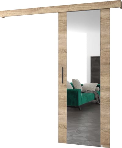 InspireMe - Schuifdeursysteem met rail en spiegel - 90x204cm - AGRA II - Sonoma Eik + Sonoma Eik frame + Zwart Handvat met Soft-Close system