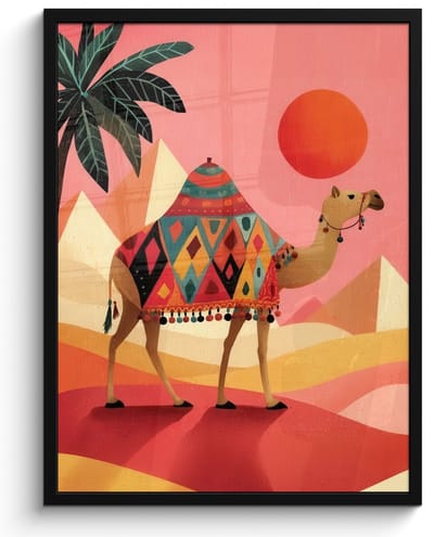 Poster in lijst - Fotolijst 60x80 cm - Posters - Kameel - Pyramides - Rode zon - Posterlijst zwart - Decoratie - Wanddecoratie woonkamer - Muurdecoratie slaapkamer