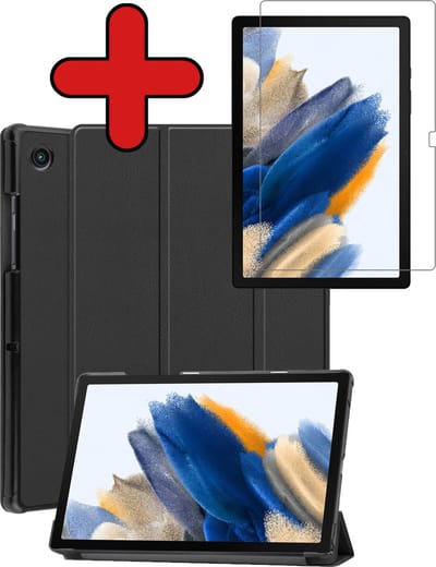 Hoesje - Geschikt voor Samsung Galaxy Tab A8 - Met Screenprotector - Hardcover Book Case - Trifold Bookcase Hoes - Hard Cover - Tablethoes - Zwart