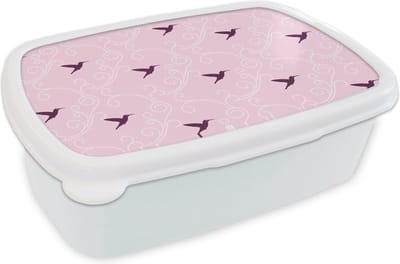 Broodtrommel Wit - Lunchbox - Brooddoos - Vogel - Patronen - Roze - 18x12x6 cm - Volwassenen
