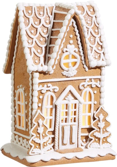Viv! Christmas Kerstbeeld - Smal Gingerbread Huis van Klei met Icing Details incl. LED Verlichting - bruin wit - 28cm