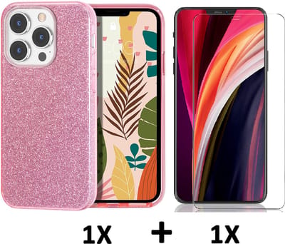 Casemania Hoesje Geschikt voor Apple iPhone 14 Pro - Roze / Glazen Screenprotector - Glitter Back Cover