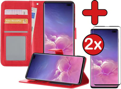Hoesje - Met 2x Screenprotector - Geschikt voor Samsung Galaxy S10 - Luxe Pasjeshouder - Flip Case - Bookcase Portemonee - Kunstleer Book Case - Flipcase Hoes - Book Cover - Walletcase - Portemonneehoes - Telefoonhoes - Rood