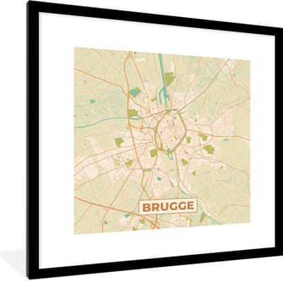 Fotolijst incl. Poster - Brugge - Kaart - Plattegrond - Brugge - Stadskaart - 40x40 cm - Posterlijst