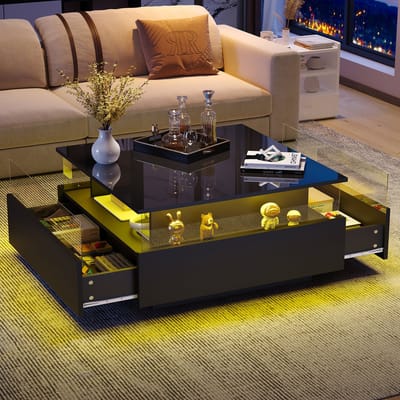 Salontafel Hoogglans Zwart - Moderne Salontafel Met LED - Vierkante Salontafel - App Bediening - Transparante Vitrine - Opbergruimte - Woonkamer - 70x70x41cm - 2 Lades - Zwart