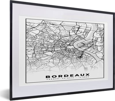 Fotolijst incl. Poster Zwart Wit- Kaart - Stadskaart - Frankrijk - Bordeaux - Plattegrond - Zwart wit - 40x30 cm - Posterlijst