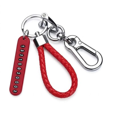 Rode anti verlies sleutelhanger met telefoonnummer strip, metalen clip en gevlochten band – sleutelhanger voor dames en heren – sleutel hanger met nummer label, karabijnhaak en metalen sleutelring