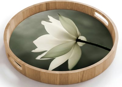Dienblad rond 40x40 cm - Schootdienblad hout - Wit - Lotus - Donker - Bloem - Borrelplank rechthoek - Plateau houten dienbladen