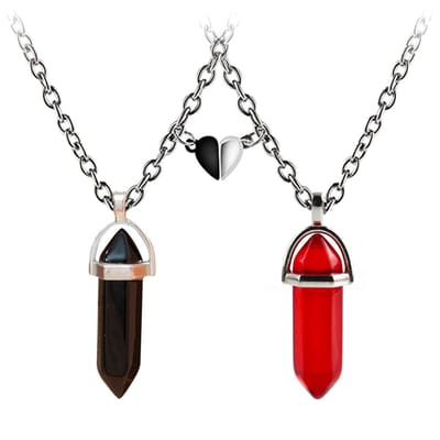 Bixorp Friends Koppel Ketting voor 2 met Magnetisch Hartje & Kristallen Rood/Zwart - Zilverkleurig - Vriendschap Cadeau