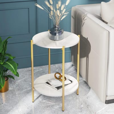 Goodivery ® Elegante Ronde Bijzettafel met Marmeren Blad en Gouden Frame voor Woonkamer en Slaapkamer