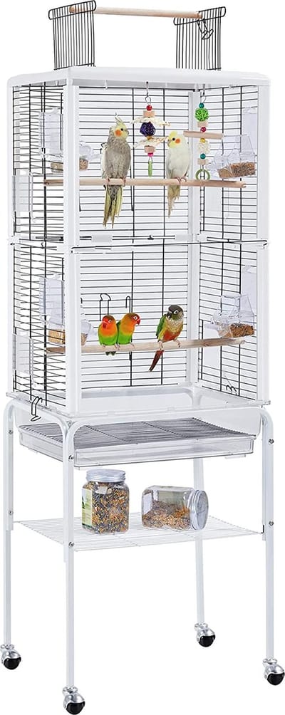 Transparante vogelkooi met standaard voor kleine vogels, parkieten, parkieten, rollende vogelkooi met speelgoed HMTM-BC-10009