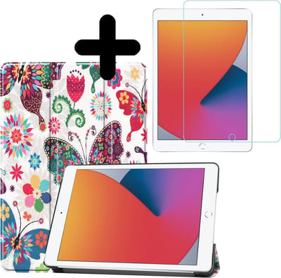 Hoesje - Geschikt voor Apple iPad 8 (2020) - 10.2 inch - 8e Generatie - Met Screenprotector - Hardcover Book Case - Trifold Bookcase Hoes - Hard Cover - Tablethoes - Vlinders