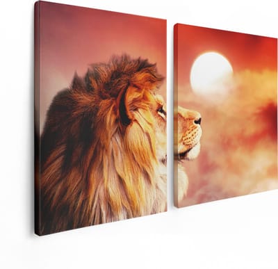 Artaza Canvas Schilderij Tweeluik Leeuw - Leeuwenkop - Tijdens Zonsopkomst - 120x80 - Foto Op Canvas - Canvas Print