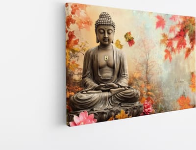 Saammp Canvas Schilderij - Boeddha met vlinders en herfst bladeren - Abstract - 45x30 - Foto op canvas - Wanddecoratie - Muurdecoratie Woonkamer - Canvas schilderijen