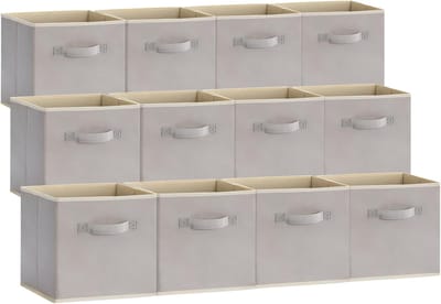 Famanu – Inklapbare kubus opbergdozen 12-pack - stoffen opbergmanden met handgrepen - 33 x 33 x 33 cm - lichtgrijs