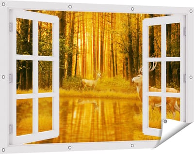 Gards Tuinposter Doorkijk Twee Herten in het Bos bij het Water - 120x80 cm - Tuindoek - Tuindecoratie - Wanddecoratie buiten - Tuinschilderij