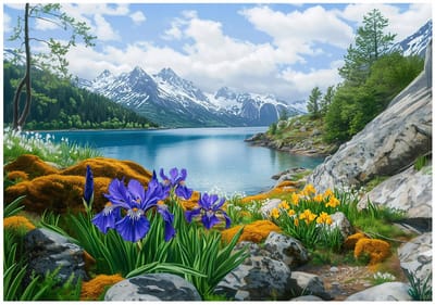 WALLARENA - Fotobehang - 150x105 cm - Fototapete van een landschap met een meer en bergen, geschikt voor slaapkamer en salon, gemaakt van vliesbehang