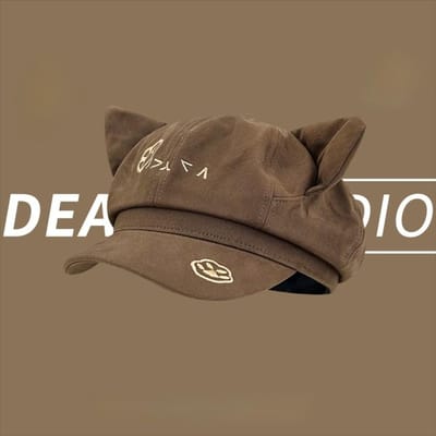 Mode Schattige Cartoon Kattenoren Baret Hoed Grote Hoofdomtrek Casual Woon-werk Verkeer Pet Veelzijdige Achthoekige Baret Hoed Lente Herfst brown
