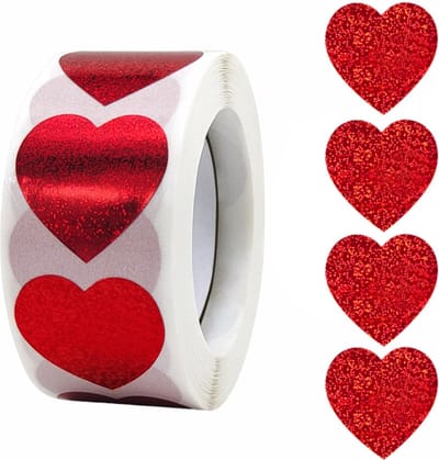 500 Stickers Op Rol - 2.5cm - Hart / Hartjes Rood Glitter - Beloningsstickers - Stickers Kinderen - Sluitsticker - Sluitzegel - 25mm - 500 Stuks