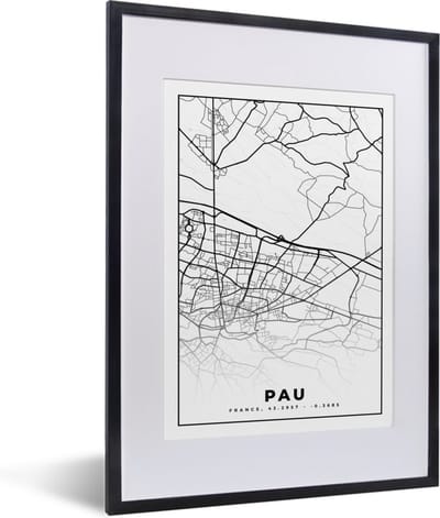 Fotolijst incl. Poster Zwart Wit- Kaart - Stadskaart - Pau - Frankrijk - Plattegrond - Zwart wit - 30x40 cm - Posterlijst