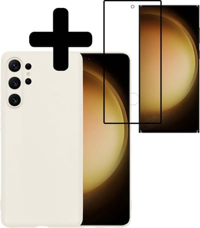 Hoesje - Met Screenprotector - Geschikt voor Samsung Galaxy S23 Ultra - Sterk & Shockproof - Back Cover - Siliconen Case - Telefoon Hoes - Telefoonhoesjes - Wit