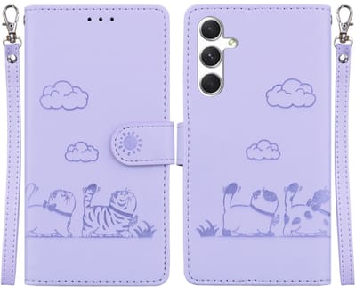 BookCover Hoes Etui geschikt voor Samsung Galaxy S24 - S25 - Lila - Cartoon Cats - Kat - Reliëf