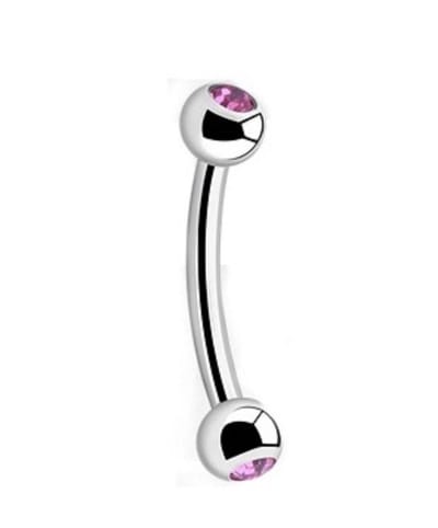 Titanium 6 mm Curved Barbell Piercing 1,2 mm met 3 mm Balletjes & roze steen-accent . RH-Jewelry[High Quality Piercing]