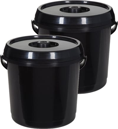 Whitefurze Emmer met deksel - 2x stuks - 14 liter - Kunststof - Zwart - 30 x 30 x 30 cm