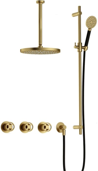 Hotbath Cobber - CW7067 - Inbouw Regendoucheset - Geborsteld Messing PVD - 2 Stopkranen - Thermostatisch - Plafondbuis 30 cm - Hoofddouche 300 mm - Ronde Handdouche 3 Standen - Glijstang 900 mm - Waterbesparend