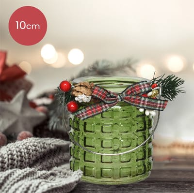 Groene glazen waxinelichthouder met geblokt patroon en versiering - Ø8 x 10 cm - kerstdecoratie - kerst - luxe theelichthouder - voor kaarsjes