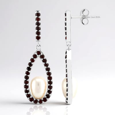 Cavill - Zilveren Oorbellen met 2 Witte Zoetwater Kweekparels & 1,17 ct Rode Granaten - 925 Sterling Zilver - Elegante, Tijdloze Oorbellen Dames