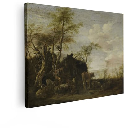 Artaza Canvas Schilderij Pastoraal Landschap - 80x60 cm - Wanddecoratie Oude Meesters - Muurdecoratie Koe En Schapen - Schilderijen Landelijk