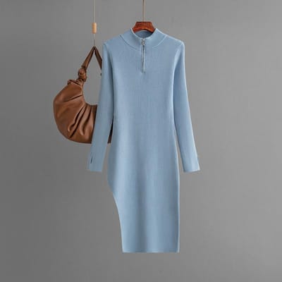 Jupe tricotée zippée pour femme, col mi-haut, manches longues, sac inférieur, jupe hanche, robe de couleur unie, hiver one size bleu ciel