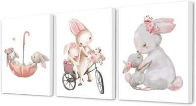 Set van 3 Schilderijen voor Kinderkamer met Konijn, Wanddecoratie voor Meisjes, Babykamer en Slaapkamer, Inclusief Lijst, 21 x 30 cm