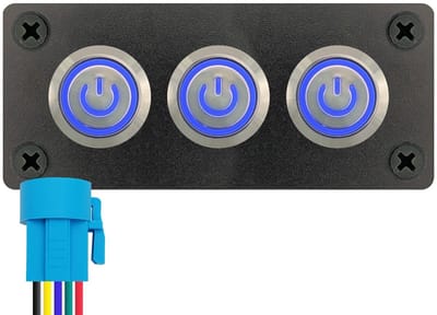 ProRide Metalen drukschakelaars in Drievoudig inbouwpaneel 220V ON-OFF - 19mm - IP67 - LED indicatie Blauw