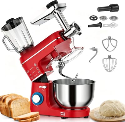 Keukenmixer 5-in-1 - Keukenmachine multifunctioneel - Bakken en koken - 1400W kantelbare kop - 10L kom - Rood