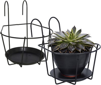 Gerimport Balkon bloempothouder - 2x - bloembak met ophanging - zwart metaal - 29 x 22 x 24 cm - rond - Balkonbakken