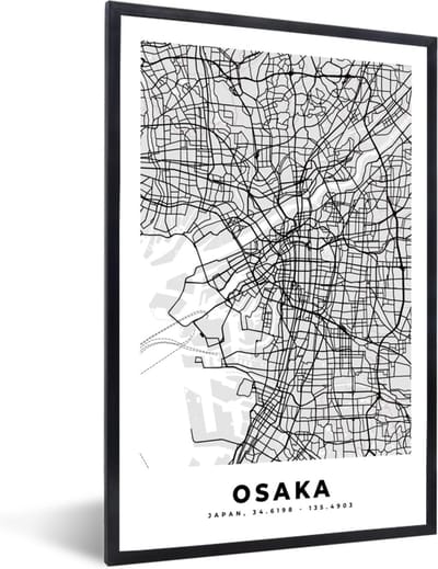Fotolijst incl. Poster Zwart Wit- Osaka - Stadskaart - Zwart Wit - Plattegrond - Kaart - 40x60 cm - Posterlijst