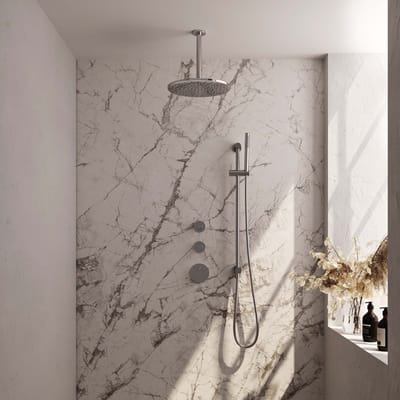 Brauer Chrome Carving thermostatische inbouw regendouche SET 18 met 30 cm douchekop en plafondarm en staaf handdouche en doucheslang en geïntegreerde glijstang chroom