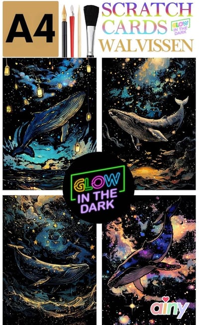 Ainy - Glow in the Dark Scratch Art Walvis (A4) | 4 krastekeningen incl kraspen | Kras tekeningen | Schilderen op kleuren kunst kraskaart | hobby & creatief voor volwassenen en kinderen ( meisjes ) | Knutselen - DIY ontspanningspakket