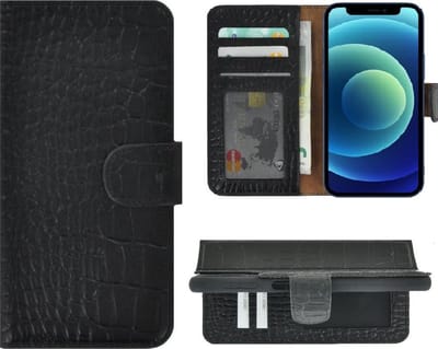 Geschikt voor iPhone 13 Hoesje - Bookcase - Portemonnee Hoes Echt leer Wallet case Croco Zwart