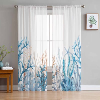 Zomer Marine Koraal Verloop Blauw Tule Raamgordijnen voor Slaapkamer Luxe Huisdecoratie Drapes in Woonkamer Chiffon Panelen 135W x 114H(cm) white