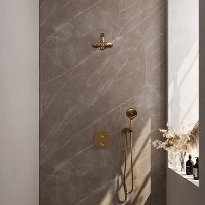 Brauer Gold Edition thermostatische inbouw regendouche 3-weg rond SET 79 met 20 cm douchekop en rechte muurarm en 3-standen handdouche en doucheslang en wandaansluitbocht goud geborsteld PVD