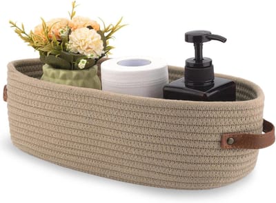 gevlochten, katoenen touw, manden, opslag, 33 x 15 x 10 cm, multifunctionele opbergmand, badkamer, voor badkamer, slaapkamer, woonkamer (kaki)