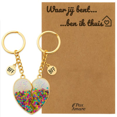 Koppel Sleutelhanger voor 2 'Waar jij bent, ben ik thuis' - Magnetisch Glitter Hartje - Sleutelhanger set op Cadeau Kaartje - Goudkleurig - Persoonlijke Hanger - Pax Amare